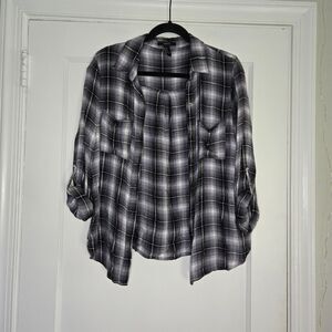 Forever 21 Plaid Button Up Blouse Womens Medium Roll Tab Sleeve